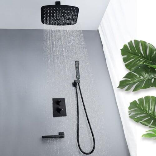 Bathroom Shower Set Embedded Chrome Shower System Rainfall Shower Head Thermostatic Mixer Bath Black Shower Faucet Set