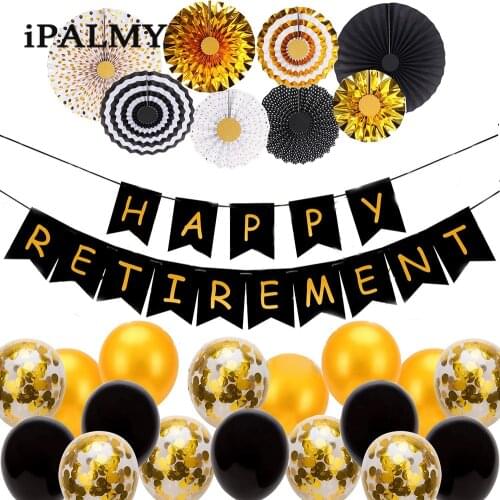 Black and Gold Retirement Party Decorations Set with Hanging Paper Fans Pom Poms Flowers Circle Garlands for Birthday Parties