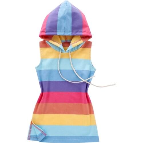 2020 New Fashion Kids Baby Girl Summer Clothes Rainbow Stripe Outfit Toddler Girls Hooded Dress Sleeveless Casual Sunsuit 1-7Y