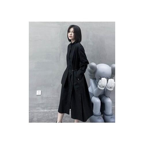 2020 new mid-length strapping black waist slimming a-line skirt long sleeve shirt dress dress autumn dress