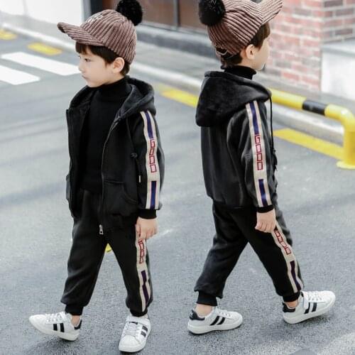 Boys 2-8 Years Autumn Casual Sports Double Velour Hoodies 2 PCS Set (Zipper Hoodie+ Long Pant) Fashion Stripe Warm Hoodies Suits