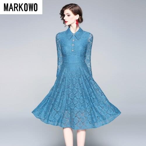 MARKOWO Designer Brand 2020 new elegant temperament large lace dress female ladies lapel mid-length A-line skirt