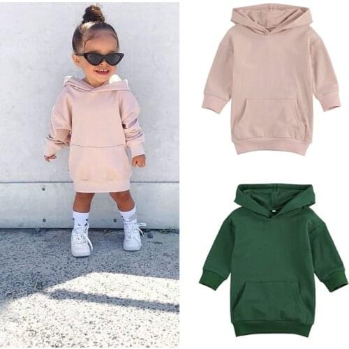 Casual Kids Girls Sweatshirts Dress Solid Color Long Sleeve Hooded Pullover Dress Autumn Winter Warm Long Top for Children 1-5Y