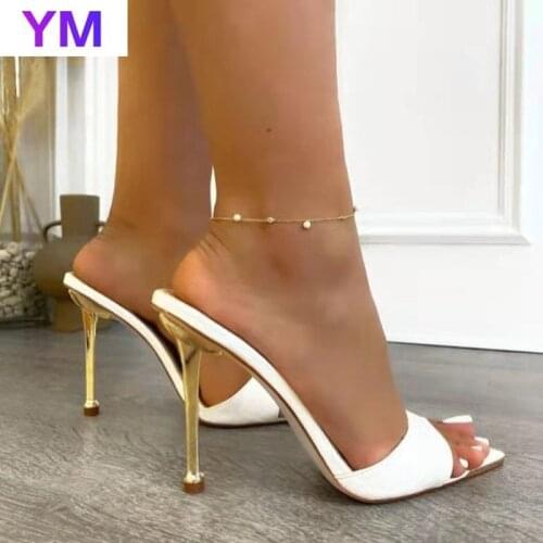 2021 Summer New Women Slippers Snake Print Mule High Heels Shoes Sandals Sexy Sharp Toe Metal Heel Slides Party Dress Shoes36-42