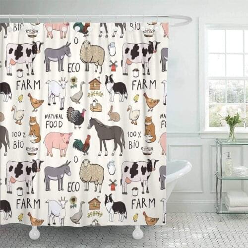 Fabric with Hooks Sketch Farm Animals Pattern Agriculture Baby Bird Border Collie Cartoon Cat 60"X72" Decorative Bathroom