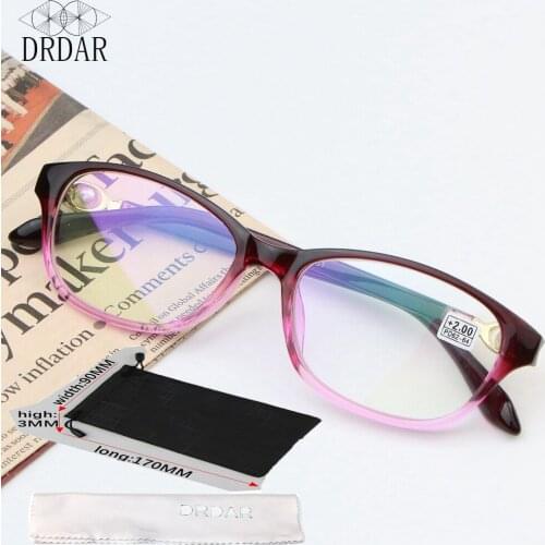 DRDAR Womens Reading Glasses 01 Square frame Anti-fatigu Presbyopia Eyewear elegant Inlaid diamonds Red pink Stitching