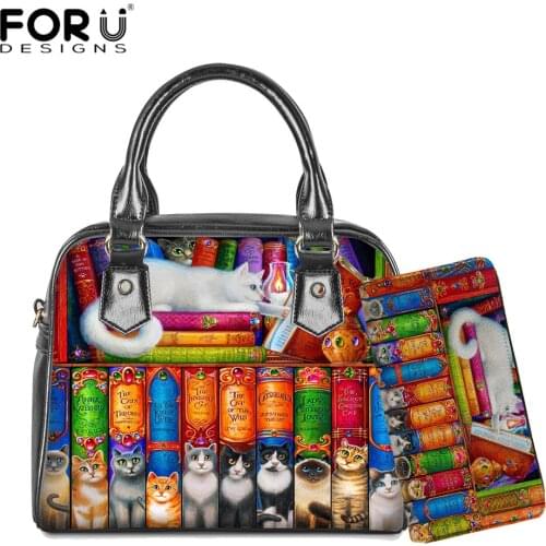 FORUDESIGNS Ladies Handbags Tote Bags Women Cats Bookshelf 3D Print Luxury PU Leather Crossbody Bags Shoulder Bags Purse Mujer