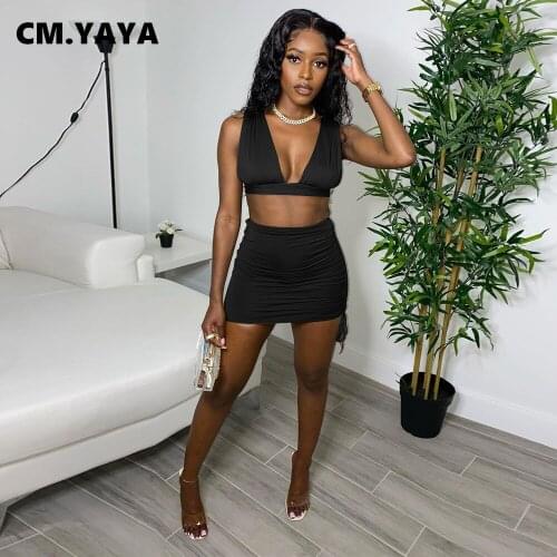 CM.YAYA Women Set Solid V-neck Crop Tanks Tops Shirring Mini Skirts Two 2 Piece Sets Sexy Fashion Tracksuit Summer Outfits 2021