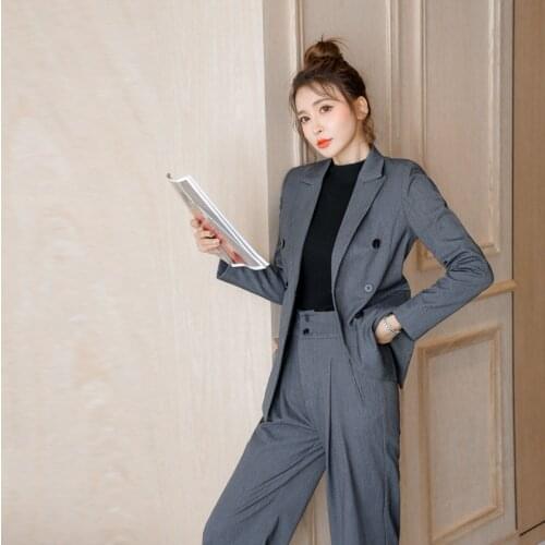 2021 Early Autumn Double Breasted British Style Woman Suits Lady Suit Office Sets Wide Leg Pants High Waist Split Office Lady