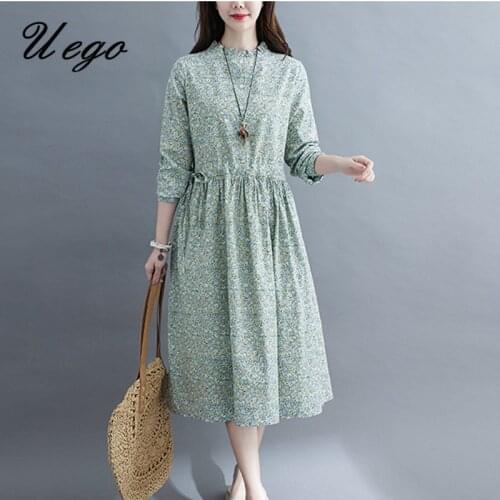 2021 New Arrival Fashion Spring Dress Slim Waist Linen Cotton Loose Women Casual Dress Print Floral Vintage Autumn Midi Dress