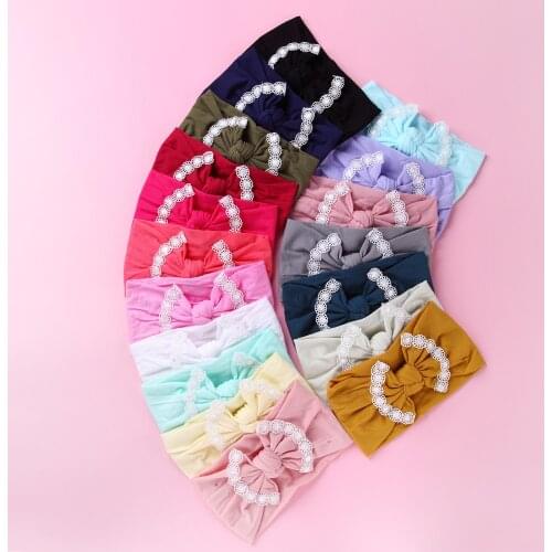 30 pcs/lot , Sunflower Lace Trim Knot Bow Nylon Headbands, Wide Turban Head Wrap One size fits most Girls Hair Accessories