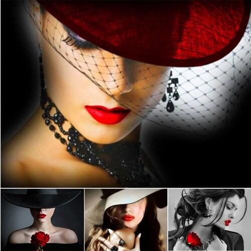 5D DIY Diamond Painting Sexy Beauty with Hat Corss Stitch Kit Full Drill Embroidery Mosaic Art Picture of Rhinestones Decor Gift