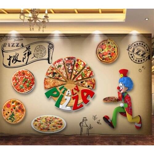 Beibehang Custom wallpaper 3d retro wood grain cartoon hand-painted delicious pizza restaurant background wall papel de parede