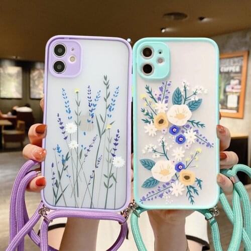Relief Flower Matte Strap Cord Chain Lanyard Phone case For iphone 11 Pro Max XR X XS Max 7 8 Plus SE 2020 Silicone case Cover