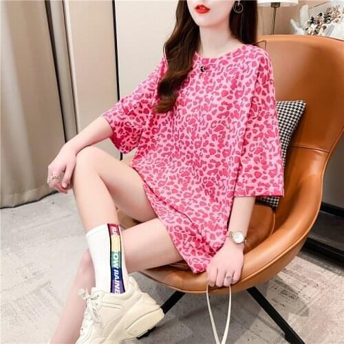 T Shirt Female Cotton Leopard Printed Long T Shirt Women For Summer Loose O Neck Harajuku T Shirt Women NS4764