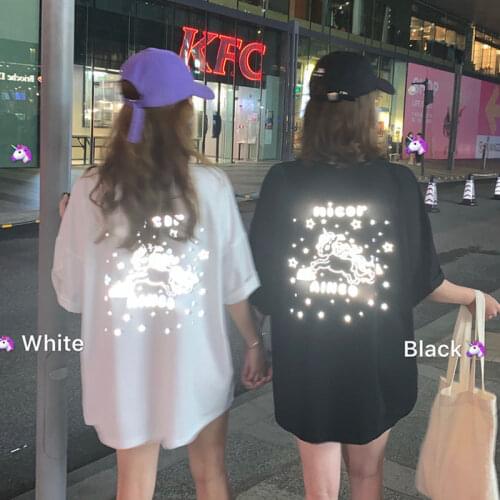Unisex Harajuku clothing loose large size reflective pattern T-shirt women couples paired tops grunge tumblr female androgynous
