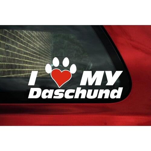 I Love my Daschund ,dog paw shaped heart vinyl sticker 15cm