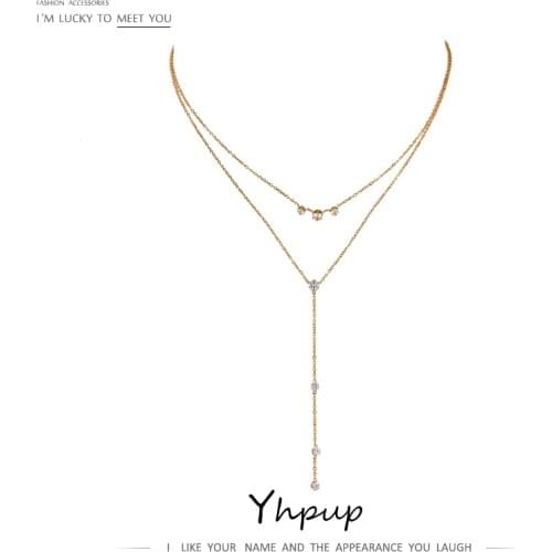 Yhpup Exquisite Bling Cubic Zirconia Layered Long Pendant Necklace Women 18 K Stainless Steel Chain Choker Necklace Accessories