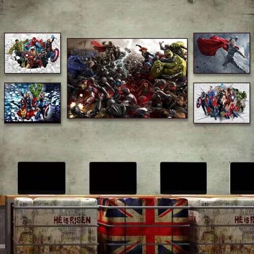 Marvel Avengers Canvas Paintings Superhero Cartoon Iron Man Spiderman Posters and Prints Wall Art Pictures for Living Home Decor