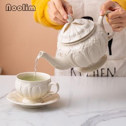 Nordic Ceramic White Embossed Retro Coffee Mug Large Capacity Simple Tea Pot Afternoon Tea Cup with Saucer Set Kettle Drinkware