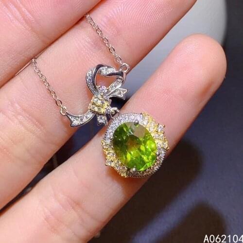 KJJEAXCMY fine jewelry 925 Sterling Silver inlaid natural peridot Womens lovely elegant bow oval GEM PENDANT necklace chain sup