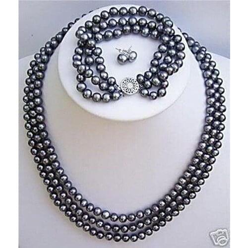 3 rows Natural cultured black pearl necklace bracelet earrings set