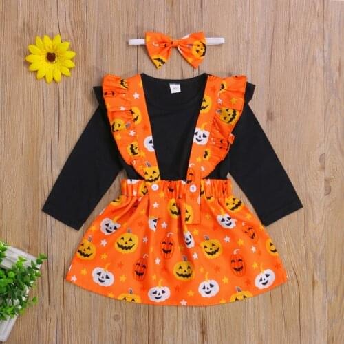 Halloween Pumpkin Girls Clothes Set Baby Long Sleeved Costume Print Suspender Skirt Hair Band Kids Clothes Autumn 3pcs Dress Set