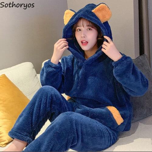 Coral Fleece Plus Velvet Thicker Women Pajama Sets New with Hat Patchwork Kawaii Cartoon Couple Homewear Warm Soft Fashion Chic