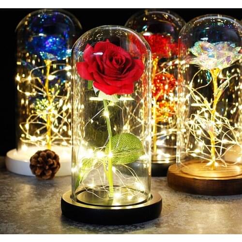 Beauty and the Beast Rose LED Light Dome on a Wooden Base for Interior Decoration Anniversary Wedding Valentines Mothers Day