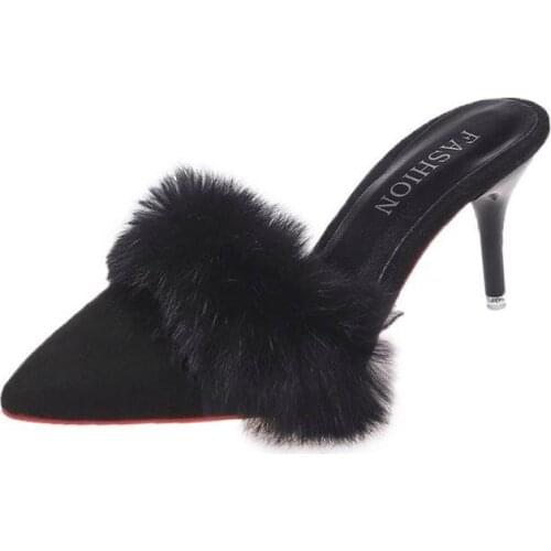 35-45 Size Summer New Sexy Feather Woman Slippers Transparent Perspex High Heels Fur Stiletto Peep Toe Mules Lady Slides Shoes