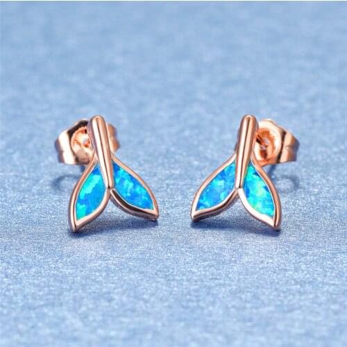Cute Female Blue Opal Stone Earrings Trendy Fishtail Small Stud Earrings For Women Dainty Bridal Rose Gold Wedding Earrings