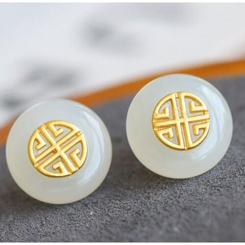 Fashion Auspicious Golden Stud Earrings Vintage Natural Hetian White Stone Dainty Jewelry For Women Wedding Anniversary Gifts