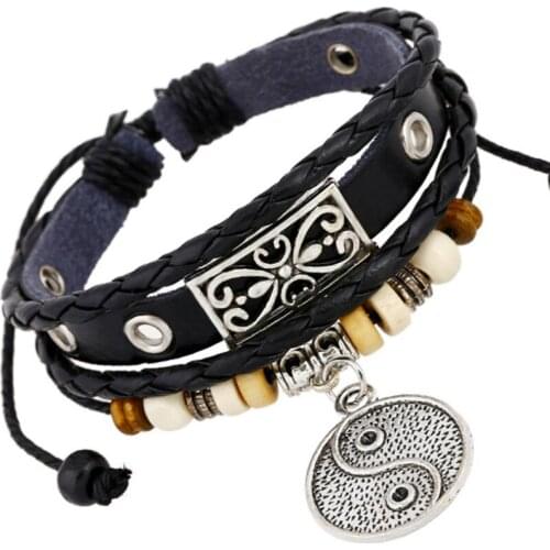 Fashion Retro Vintage Yin Yang Tai Chi Charm Bracelet Black Multilayer Leather Bead Bangle Handmade Wristbands Punk Jewelry Gift