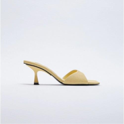 LMCAVASUN Summer High heel mules square toe women slides casual thin heel yellow women sandals