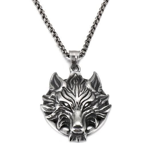 Elfasio Mens Viking Wolf head Silver Gold Stainless Steel Pendant Necklace Chain Set