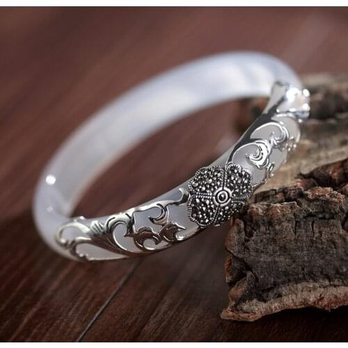 Natural 925 sterling silver four leaf clover inlaid white jade personality temperament ladies jewelry bangles 58-62mm