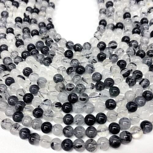 Natural black rutiled quartz smooth round stone beads crystal for needlework making jewelry loose perle DIY Bracelet necklace