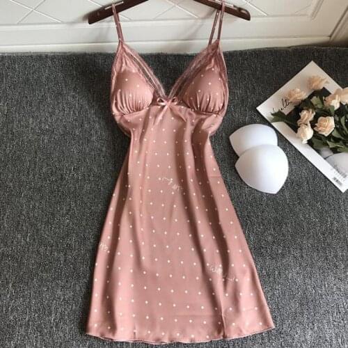 Print Polka Dot Nightgown Sexy Chemise Sleepwear V-Neck Sleeveless Loungewear Summer Kimono Dressing Gown Nightdress With Lace