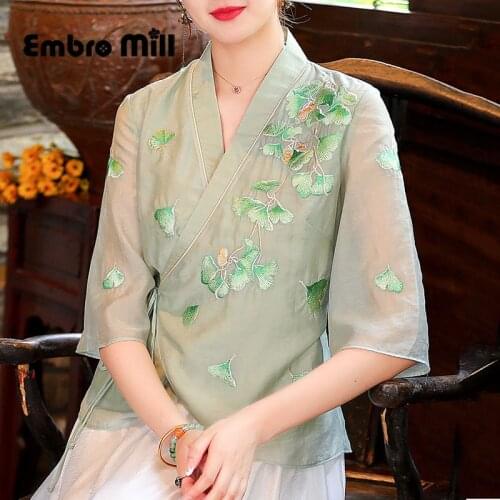 New Womens Butterfly Flower Embroidery Hanfu Lace-Up Sun Protection Shirt V-Neck Elegant Lady Top S-XXL