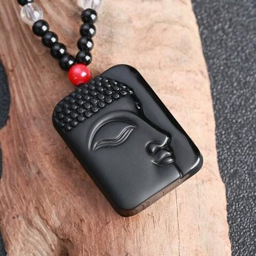 Obsidian stone half face Buddha head sweater chain necklace ward off bad necklace