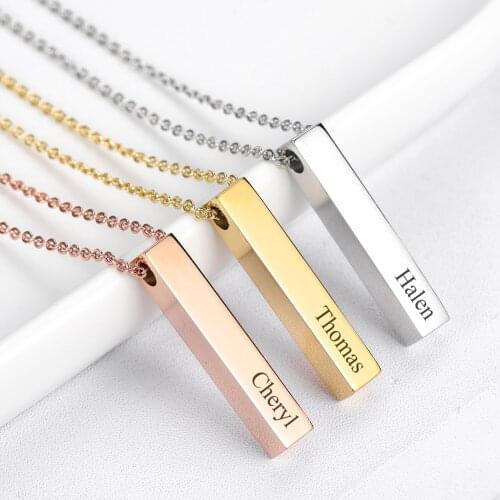 Custom Name Necklace Four Sides Engraving Personalized Square Bar Chains Stainless Steel Bar Pendant Necklaces Fathers Day Gift