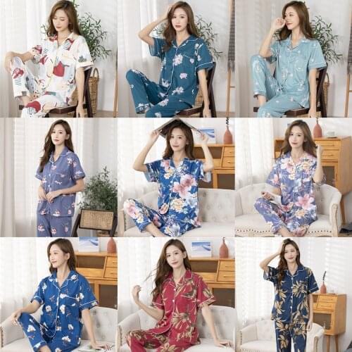 Womens Sleepwear Set Flowers Print Long Set Pajamas for Women Polyester Pajama Set Sweet Short Sleeve Top Autumn Pijamas Mujer