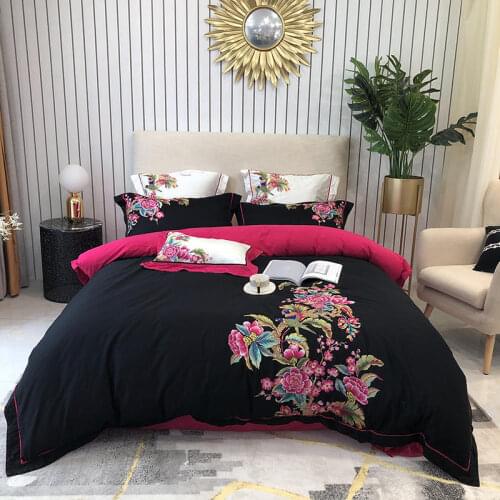 Luxury Embroidery Bedding Set King Queen Size Bed Linen Black Egyptian Cotton Duvet Cover Flat Sheet Pillowcases 4/7pcs
