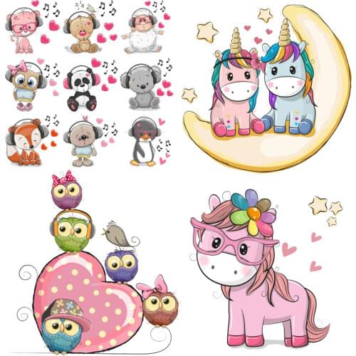 Cute Small Animal Iron on Patches Heat-sensitive stickers Owl Thermo Transfer for Clothes Unicorn Kids DIY Tops decor T-shirt E