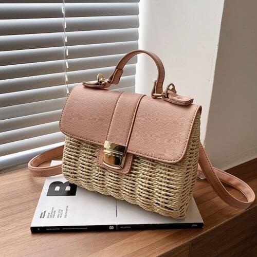 New straw woven single shoulder slanting cane woven bag small fresh lock small square bag art retro hand fashion woman bag