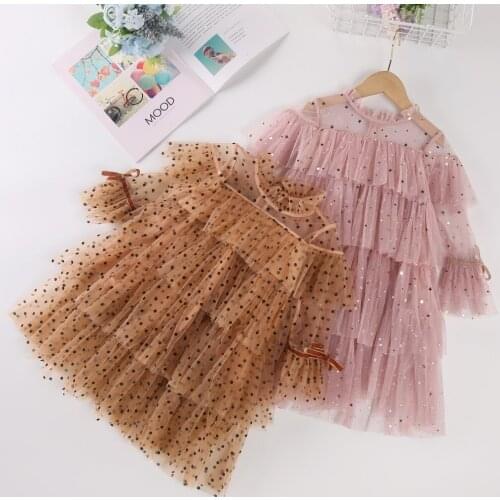 2021 Korean Style Spring Kids Girls Mesh Princess Clothing Long Sleeve Children Cute Polka Dot Star Cake Dress Fashion, #9390