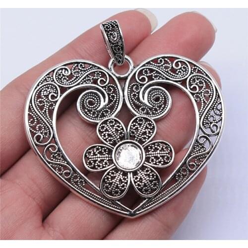 WYSIWYG 1pcs 61x53mm Antique Silver Color Flower Heart Charms Pendant For Jewelry Making DIY Jewelry Findings