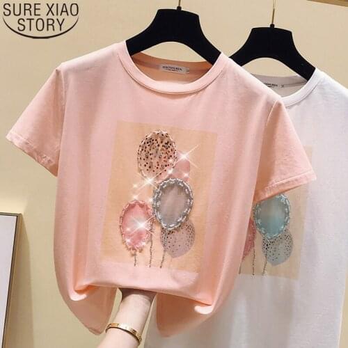 Women T Shirt 2020 Summer Short Sleeve Tops Harajuku Sweet Pink T-shirt Femme Beading Sequins Shirts O-Neck Casual Tshirt 9641
