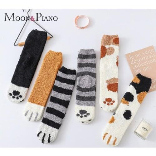Women Socks Soft Comfortable Thicker Warm Funny Cute Animal Footprints Cat Paw Pattern Stripe Velvet Sleep Casual Short Sock