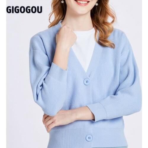 GIGOGOU Short Cardigan for Womens Sweater V Neck Long Sleeve Soft Female Jumper Top Single Breasted Female Coat Autumn Winter